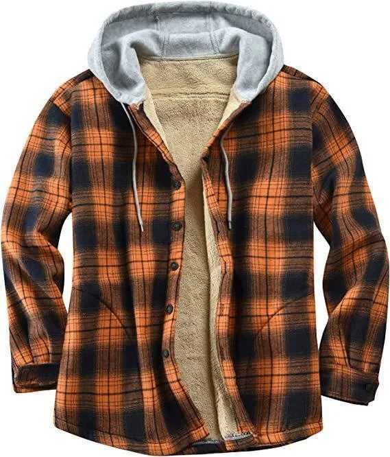Mens Winter Flannel Plaid Coats Jackets Long Sleeve Hooded Plush Coat Loose Fleece Lined Wool Thick Warm Jackets Overwear M240921