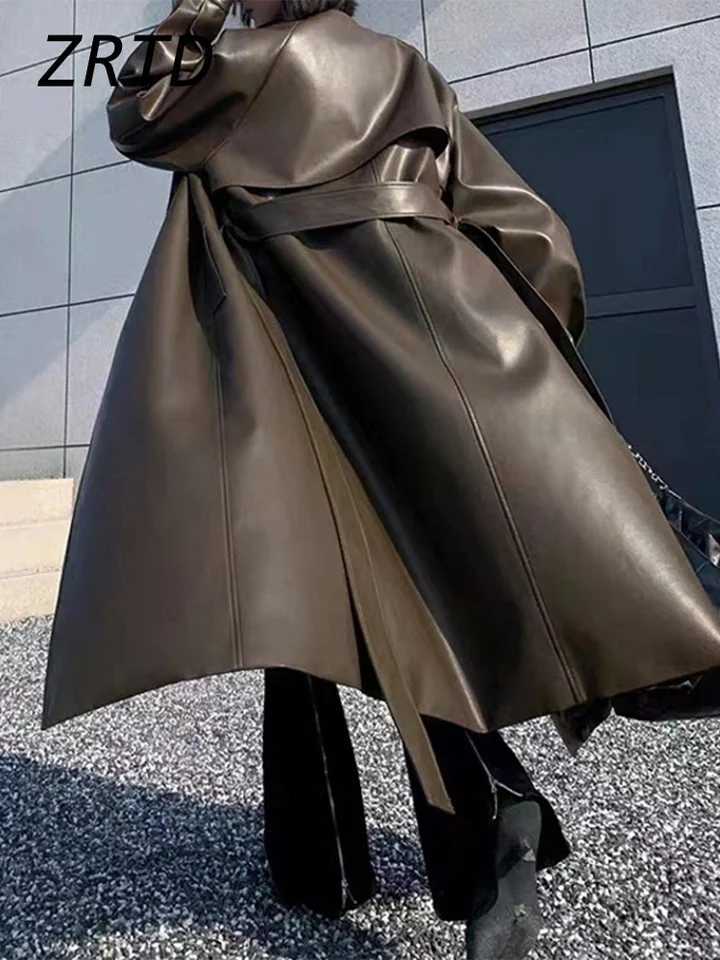 Elegant Belt Womens Leather Overcoat Loose Lapel Long Sleeve Lace Up Solid Windbreaker 2024 Autumn Winter Lady Street Long CoatX240921