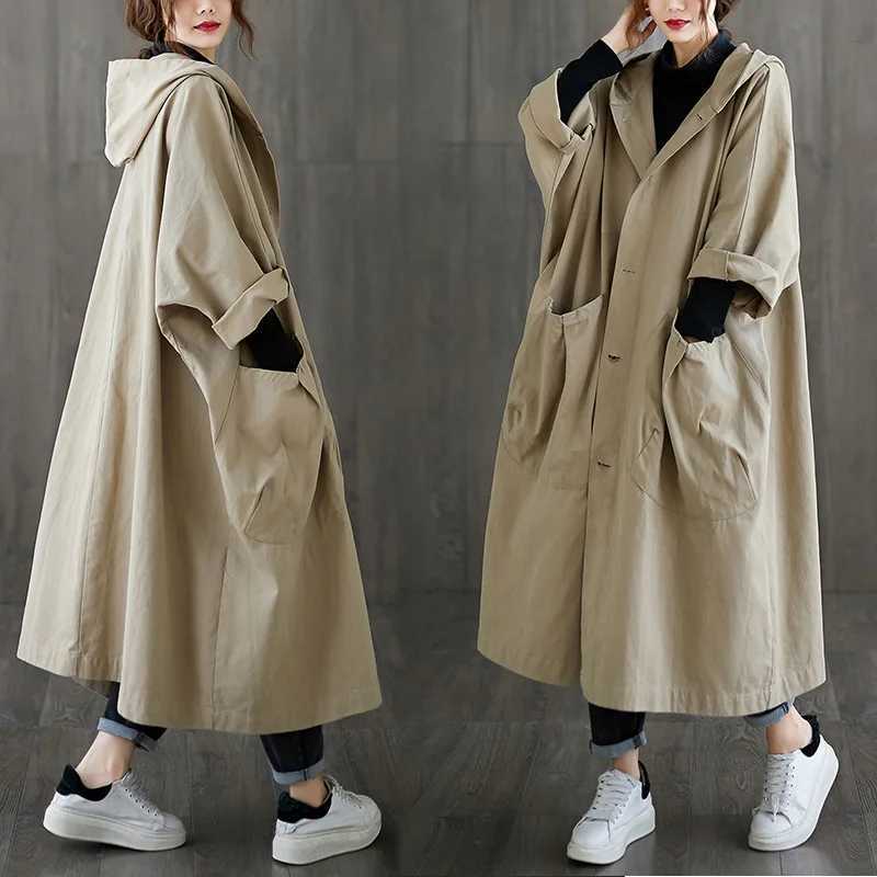 Womens Oversized Cotton Windbreaker Hooded Long Trench Coat Streetwear Coat For WomenX240921