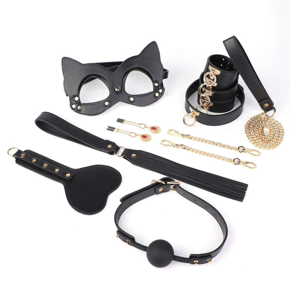 SM sex props high-end PU eight piece set sex traction collar sex leather racket tuning mouth ball breast clip yin clip