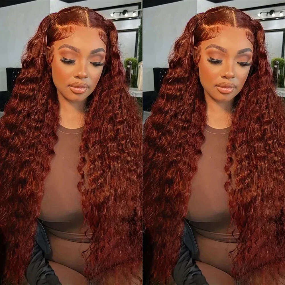 Reddish Deep 13x4 HD Transparent Curly Front Human Hair for Girls Chocolate Brown Lace Frontal Wig