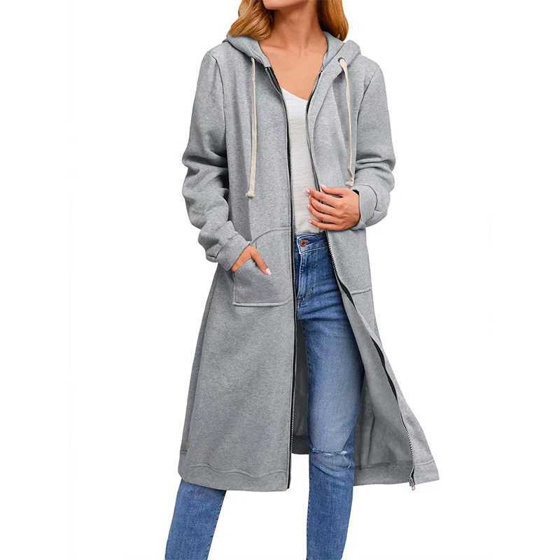 Womens Solid Color Hooded Zipper Coat Long Sleeve Pocket British Style Long Casual Loose Cardigan Coat Street WearX240921