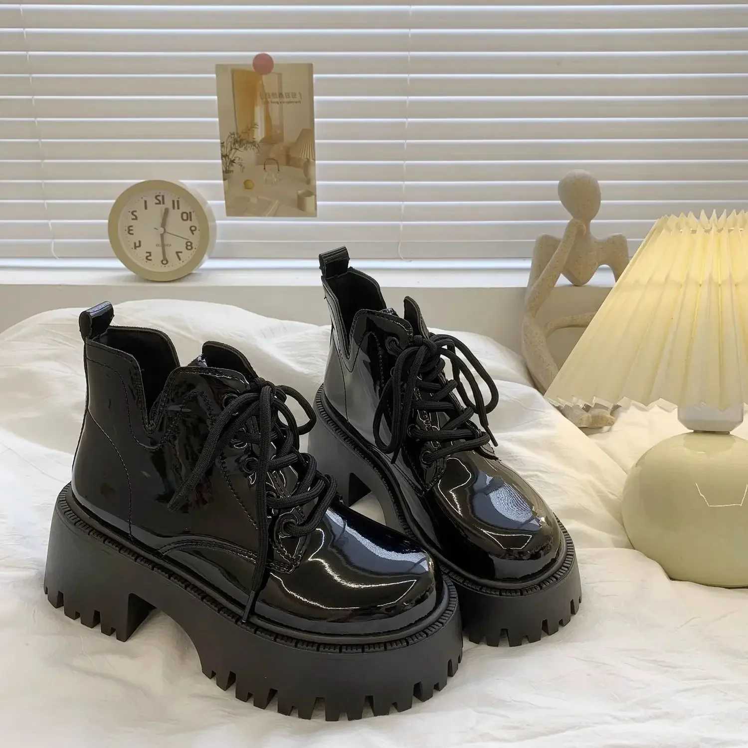 Chunky Black Platform Casual Womens Ankle Boots 2024 New Designer Autumn Winter British Style PU Leather Boots Shoes for Women Z250303