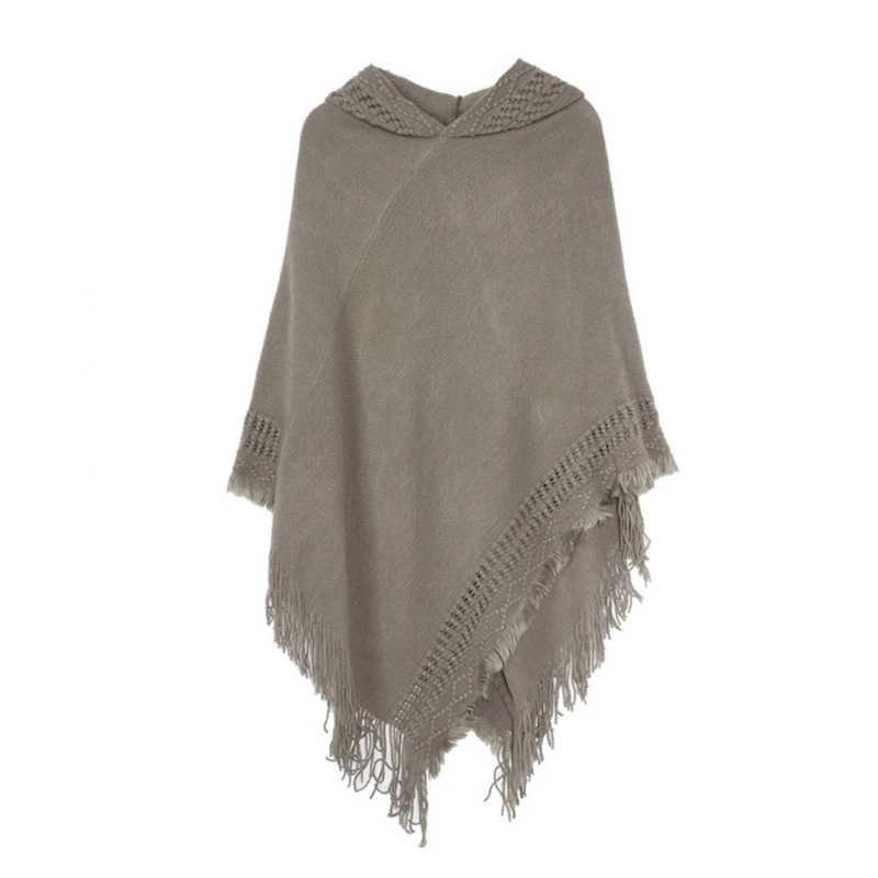Womens winter warm knitted hooded raincoat solid color crocheted tassel shawl bag oversized zipper cape sweater top W240921