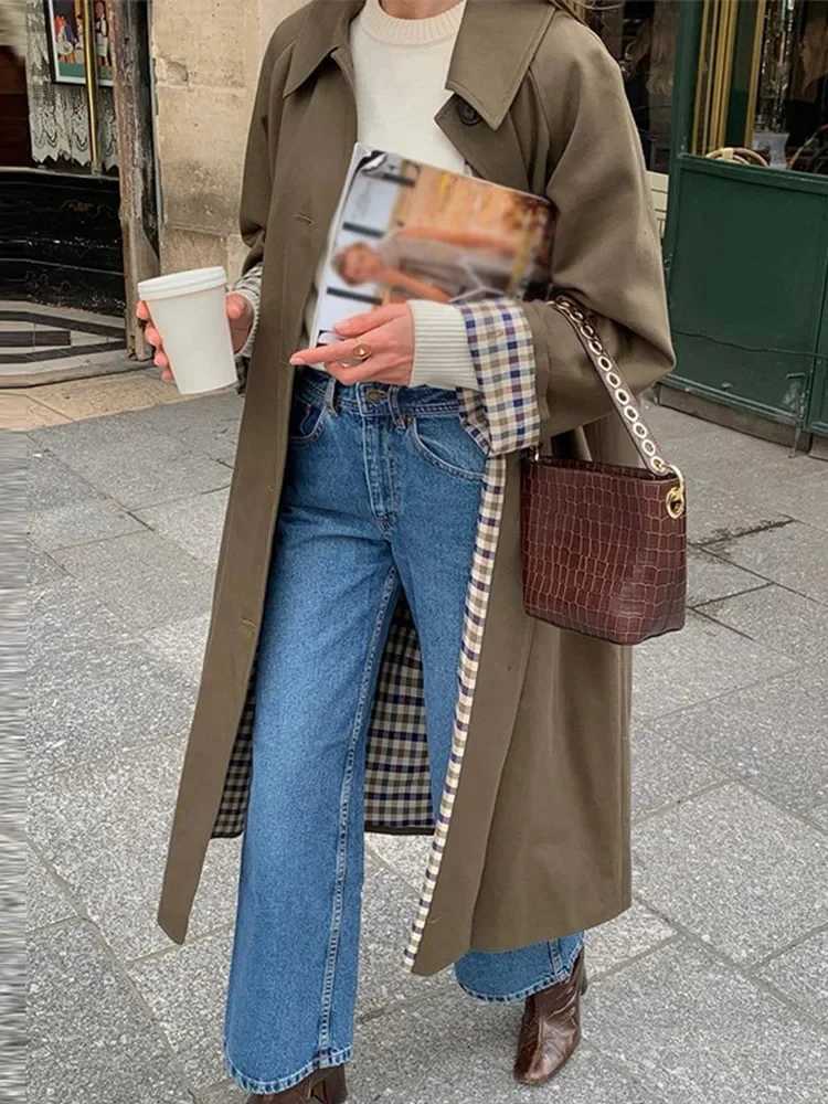 Elegant Plaid Lapel Long Windbreaker Women Fashion Single Breasted Full Sleeve Solid Coat 2024 Autumn Lady High Street OutwearX240921