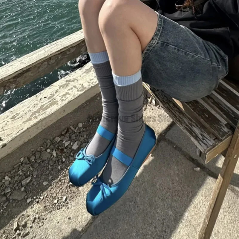 Blue satin bow single shoes womens summer gray bow ballet shoes Mary Jane shoes Sandalia De Mujer Verano 2024 240919