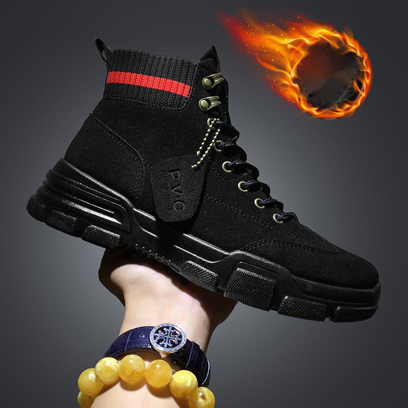 Winter high top cotton new style with plush warm and fashionable black Martin boots lace up casual single shoes for men