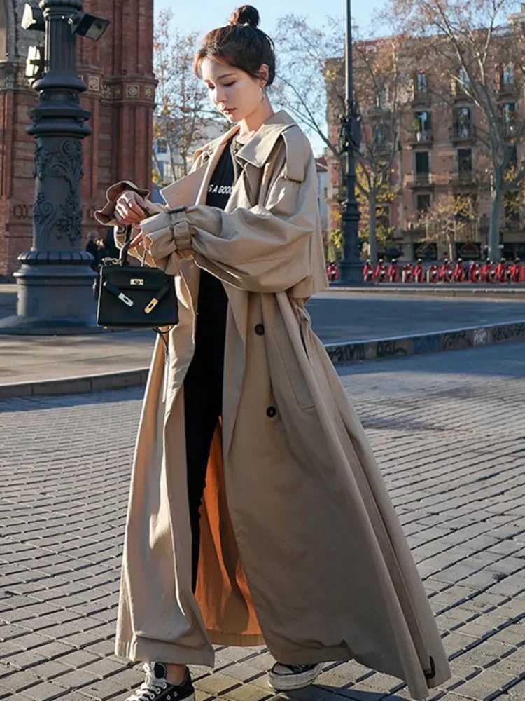 Windbreaker Women Lapel Coat Double-breasted V-Neck Autumn Winter Loose Coat Solid Lapel Belt Wind Coat Pleasure Outer GarmentX240921