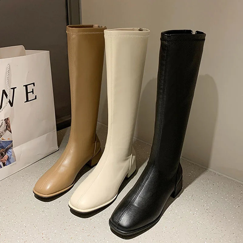 Comemore Large Size 43 Thick Low Heel Knight Knee Boots Women Elegant Shoes Plush White Autumn Winter Leather Long Boot 240909