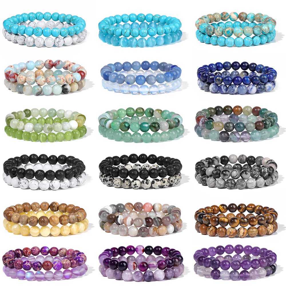 2pcs Natural Stone Bracelet Amethysts Fluorite Green Aventurine Turquois 8mm Beads Bracelet Set For Women Men Friendship JewelryX240921