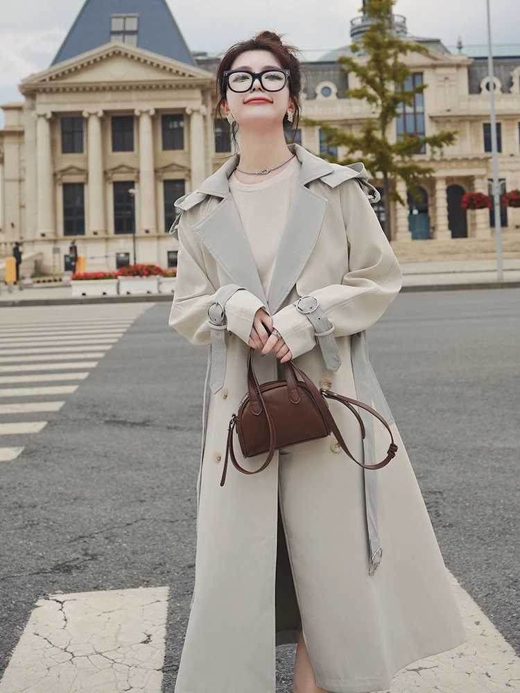 Hit Colors Long Trench Coat Women Spring Autumn New Long sleeve Double breasted Sashes Windbreaker Overcoat Women ClothesX240921