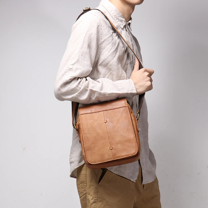 Mens leather shoulder bag fashionable mens flip denim retro suspender 79inch mini iPad Leathfocus 240919