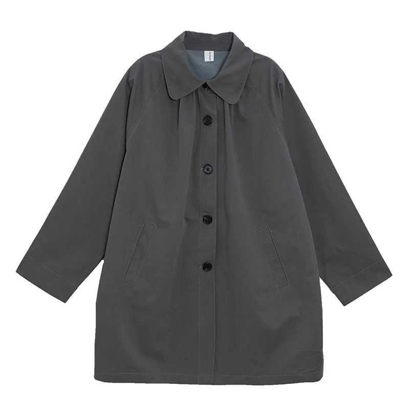 Spring Autumn Retro Simple Mid-length Women Trench Coat Jackets Loose Casual Single Breasted Lapel College Gray Khaki OuterwearX240921