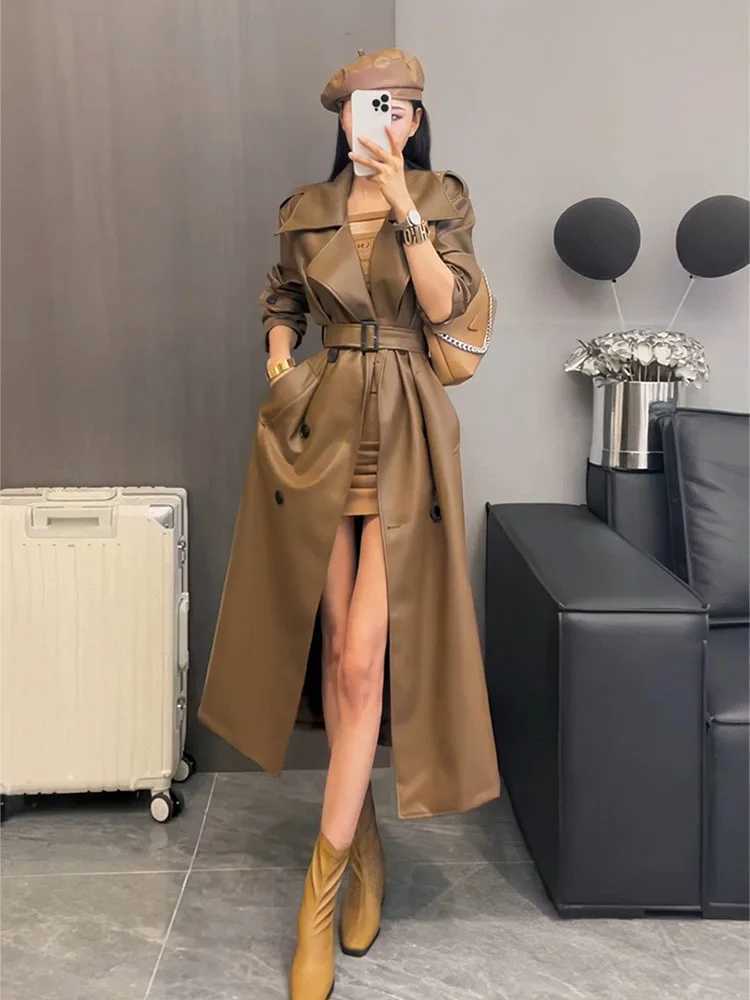 Spring Autumn Extra Long Oversized Cool Black Pu Leather Trench Coat for Women Belt Runway Fashion 2024X240921