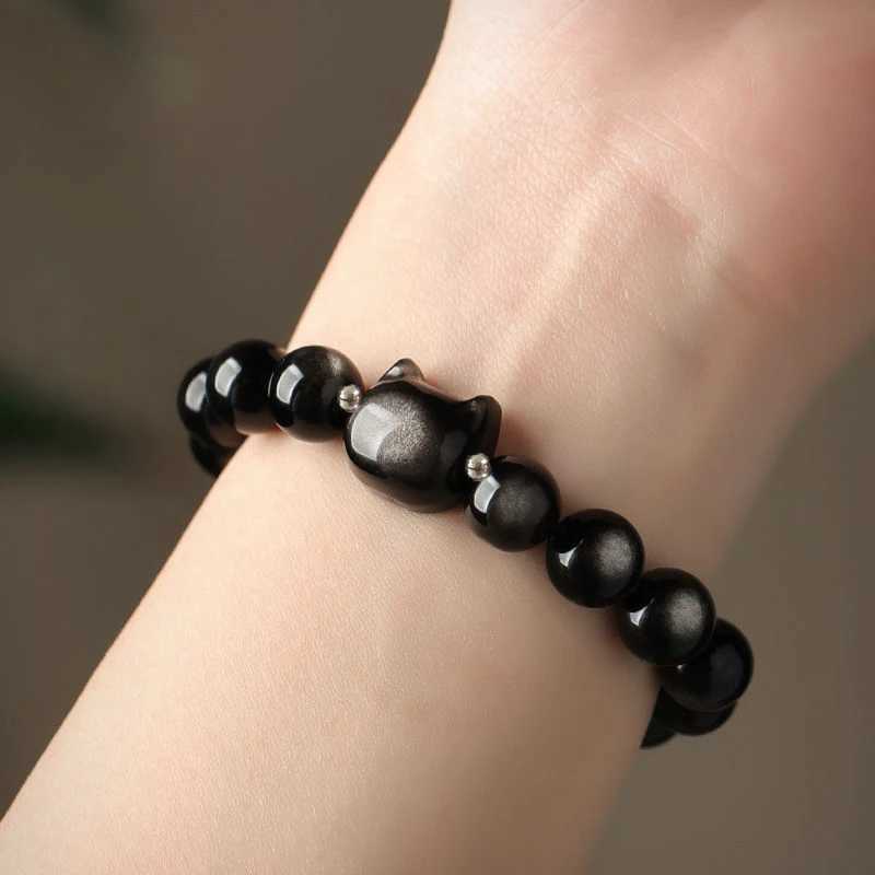 1 Pc Fashion Obsidian Cat Head Geometric Minimalist Natural Stone Black Beaded Bracelet Women Men Party Gift Daily JewelryX240921