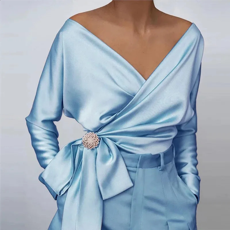 V Neck Sexy Women Satin Blouse 2024 Bow Tie Chiffon Silk Shirt Long Sleeve Women Tops Lace-up Lady Blouses Elegant Blusas 19178 240921