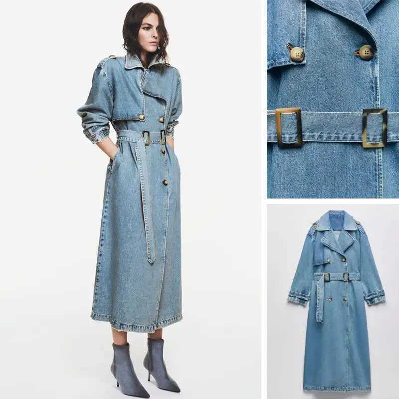 Denim Trench Coats For Women Belt On Waist Slim Jean Coats Ladies Jaqueta Feminina Blue Jean Jacket WomanX240921