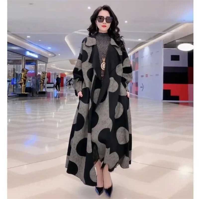 Polka Dot windbreaker For Women Long Windbreaker Loose Large Size L-5XL Overcoat Middle aged Female Wool Trench Coat OutcoatX240921