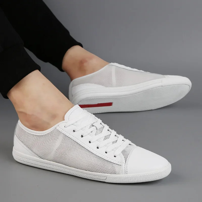 Lightweight Genuine Leather Mens Flats shoes Leisure Trend Korean Version Solid black White summer breathable Men Casual Shoes 240914