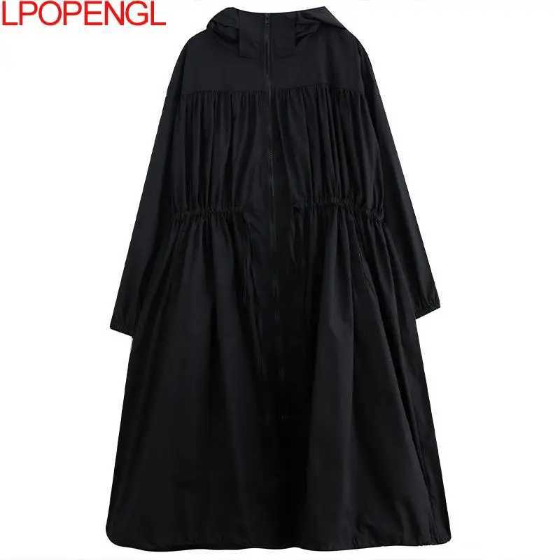 Windbreaker Womens Trench Coat 2023 New Autumn Oversized Black Casual British Style Fashion Hooded Mid-length CoatX240921