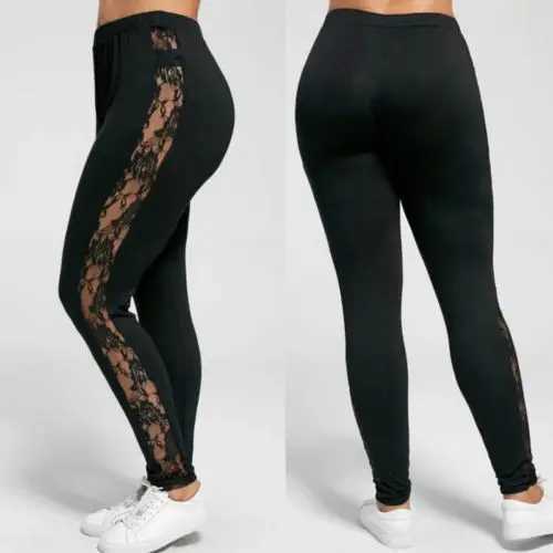 Yoga Outfit L-3Xl Plus Womens Size Trouser Fashion Casual Black Weight Loss High Waist Lace Work Patch See Through Legging Pants 2024 H240921
