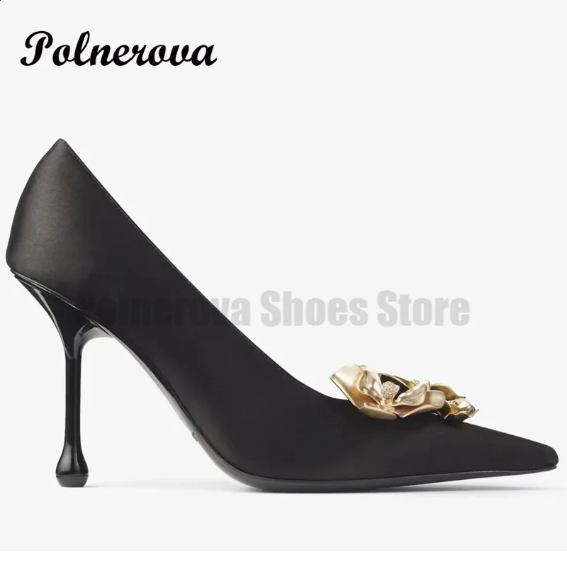 Black satin dot high heels womens fashion autumn gold orchid button shallow mouth single shoes sexy runway high heels 240919