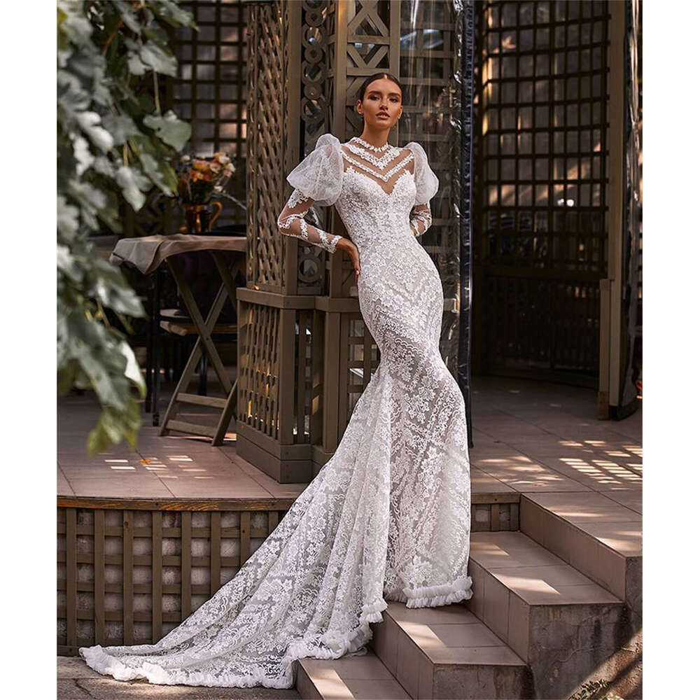 Vintage White Wedding Dresses Appliques Mermaid Bridal Gowns Custom Made Embroidery Sheer Neck Puffy Sleeves Vestido De Novia