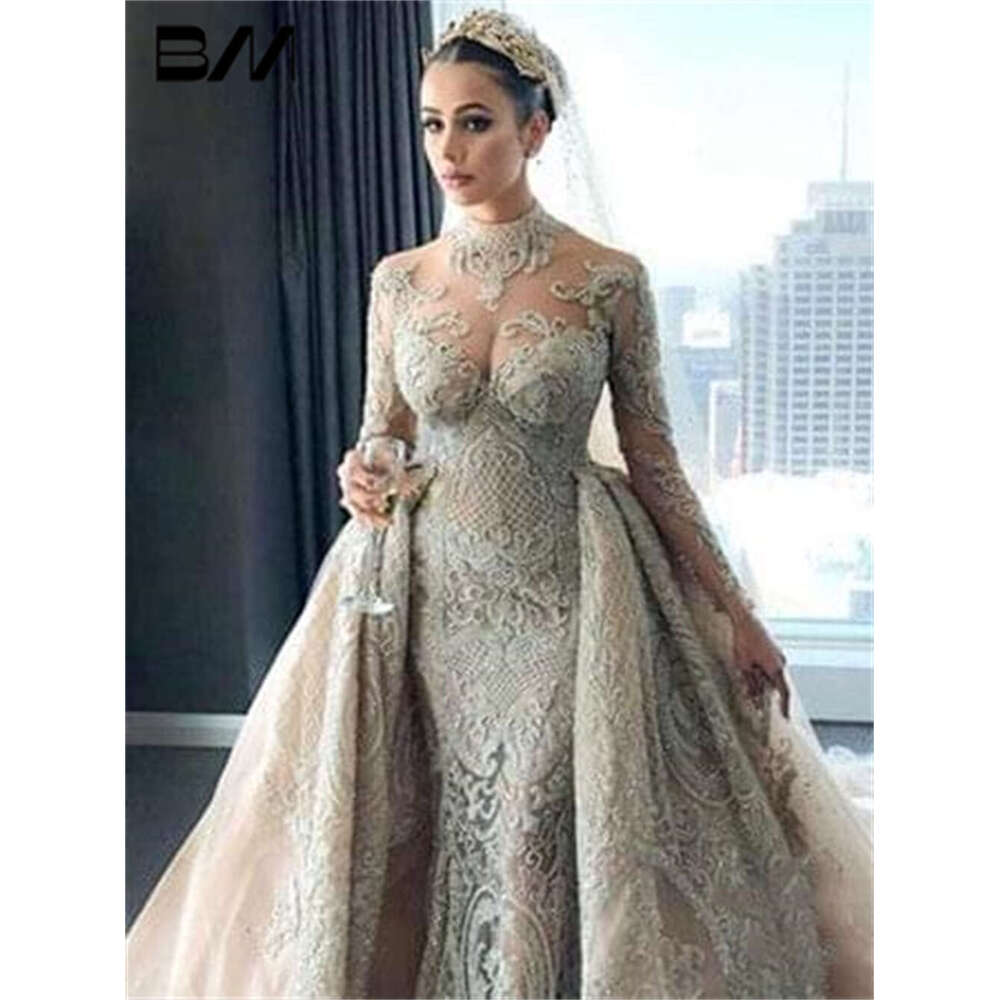 Illusion Cut-Out High Neck Arabic Wedding Dress For Women With Detachable Train Bridal Gown Two Piece Bride Dresse