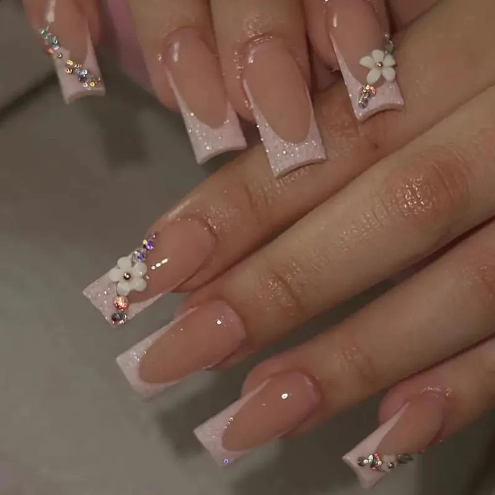 24Pcs Short Square False Nails With Jelly Adhesive Glitter Gradient Detachable Fake Fingernails Full Cover Press On Nails 240914