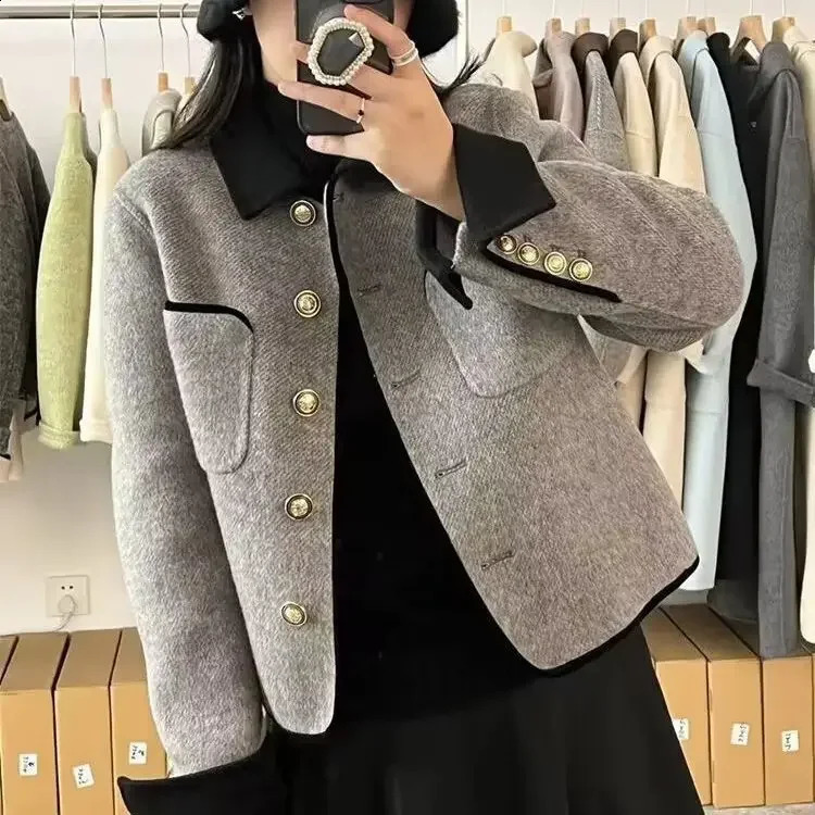 Womens Korean Style Color Block Tweed Short Coat - Stylish Wool Overcoat for Spring Autumn