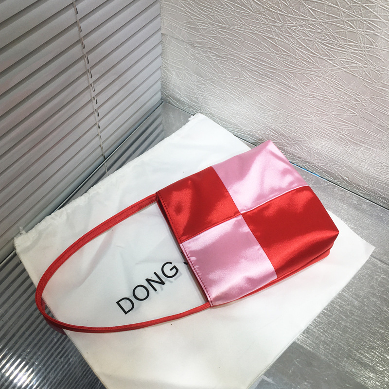 Women's 2024 new niche satin color patchwork women's checkerboard underarm handbag mini square bag