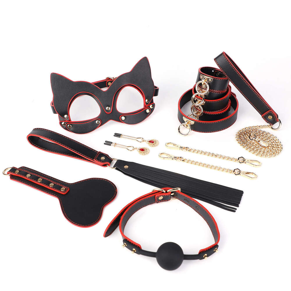 SM sex props high-end PU eight piece set sex traction collar sex leather racket tuning mouth ball breast clip yin clip