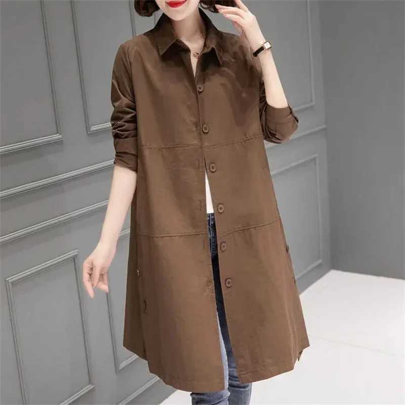 2024 Spring Autumn Brown Trench Coat Womens Mid-Long Windbreaker Fashion Loose Coat Single Breasted Outwear Overcoat FemaleX240921