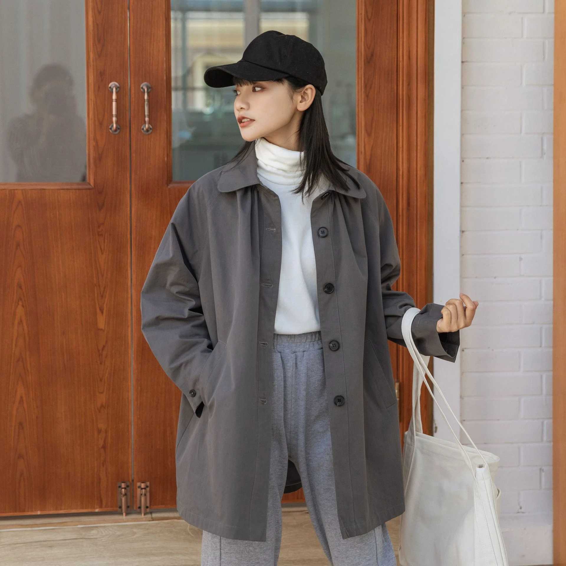 Spring Autumn Retro Simple Mid-length Women Trench Coat Jackets Loose Casual Single Breasted Lapel College Gray Khaki OuterwearX240921