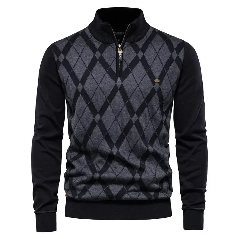 Autumn Winter Men's Half High Collar Zipper Plaid Long Sleeve Pullover British Fashion Casual Male Knitwear Sweater XXL