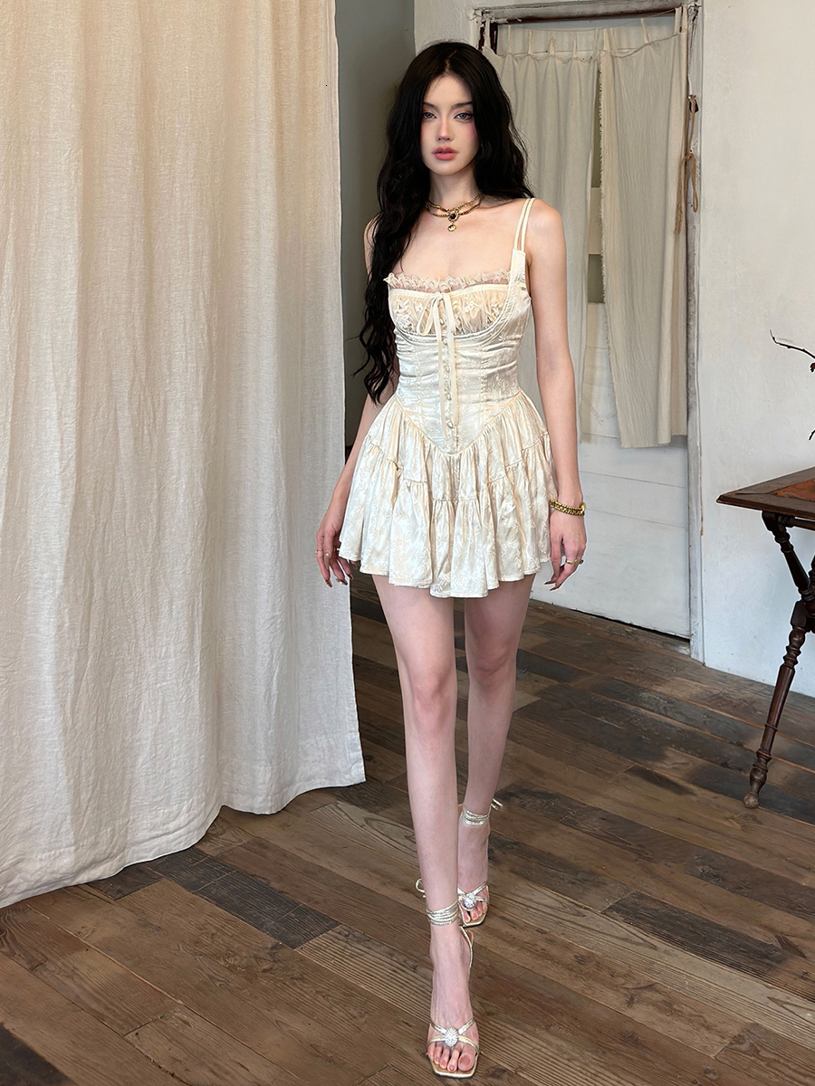 Reddachic Medieval Retro Satin Mini Women Lace Trim Jacquard Ruffle Romper Event Party Cami Dress Desire One-Piece