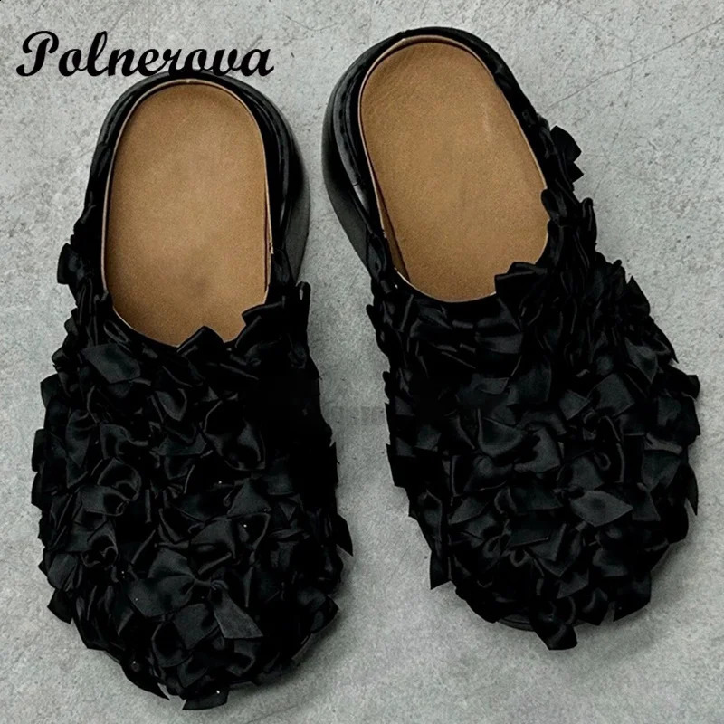 Black satin bow treasure head slider womens retro niche spring and summer item thick half slider womens summer single shoe 240919