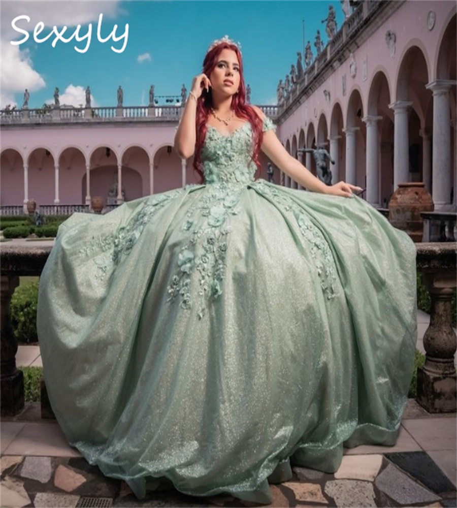 Elegant Sage Green Quinceanera Dresses Sparkly Florals Off Shoulders Lace Up Fifteen Formal Occasion Party Gowns Princess Prom Vestidos De 15 Quincean