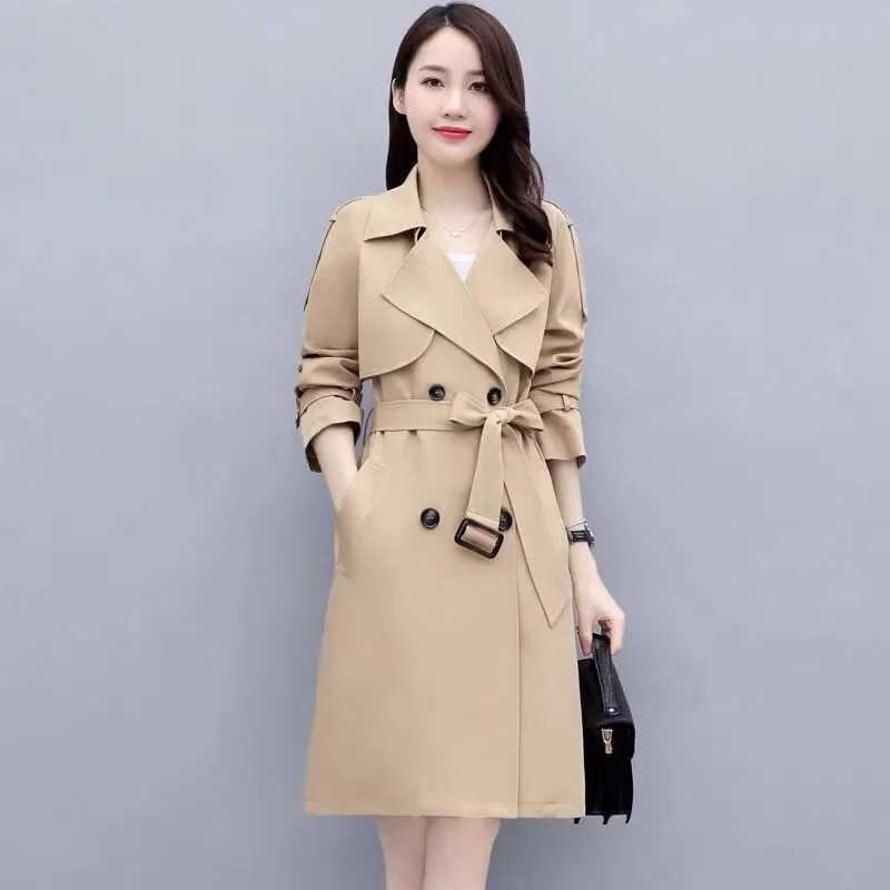 Women Trench Coat Spring Autum New Fashion Khaki Black Double-Breasted Mid Length Windbreaker Female Outerwear Gabardina MujerX240921