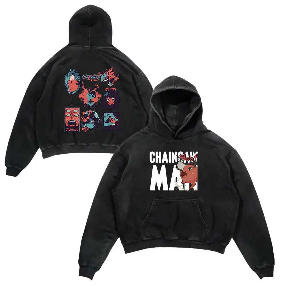 Anime chainsaw mens retro washed hooded sweatshirt black Danji print retro W240921