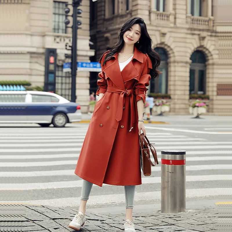 British Style Mid-Length Windbreaker With Belt Green Orange Spring Autumn New Women Casual Lapel Long Sleeve Female Trench CoatX240921