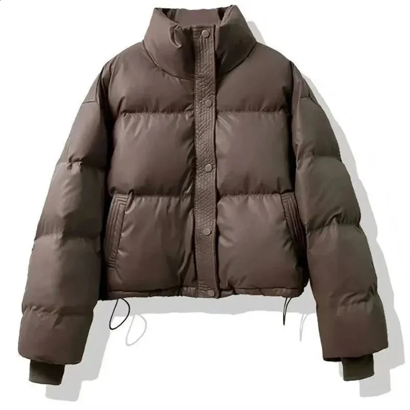 CoffeeMaillard Stand Up Collar Short 2024 Winter Petite Fashion Bread Warm Thickened PU Leather Down Cotton Jacket For Women 240919