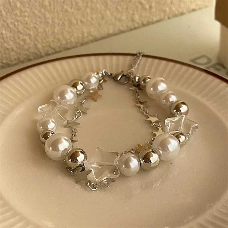 Star Pentagram Pearl Beaded Bracelet for Women Harajuku Crystal Vintage Aesthetic Charm Double Layer Chain Bracelet Jewelry GiftX240921