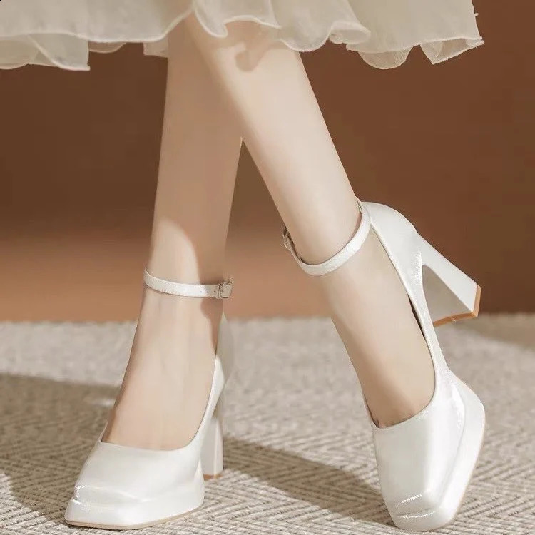 Platform High Heels for Women Chunky Heels Mary Jane satin square toe bridal shoes wedding shoes single shoes 240919