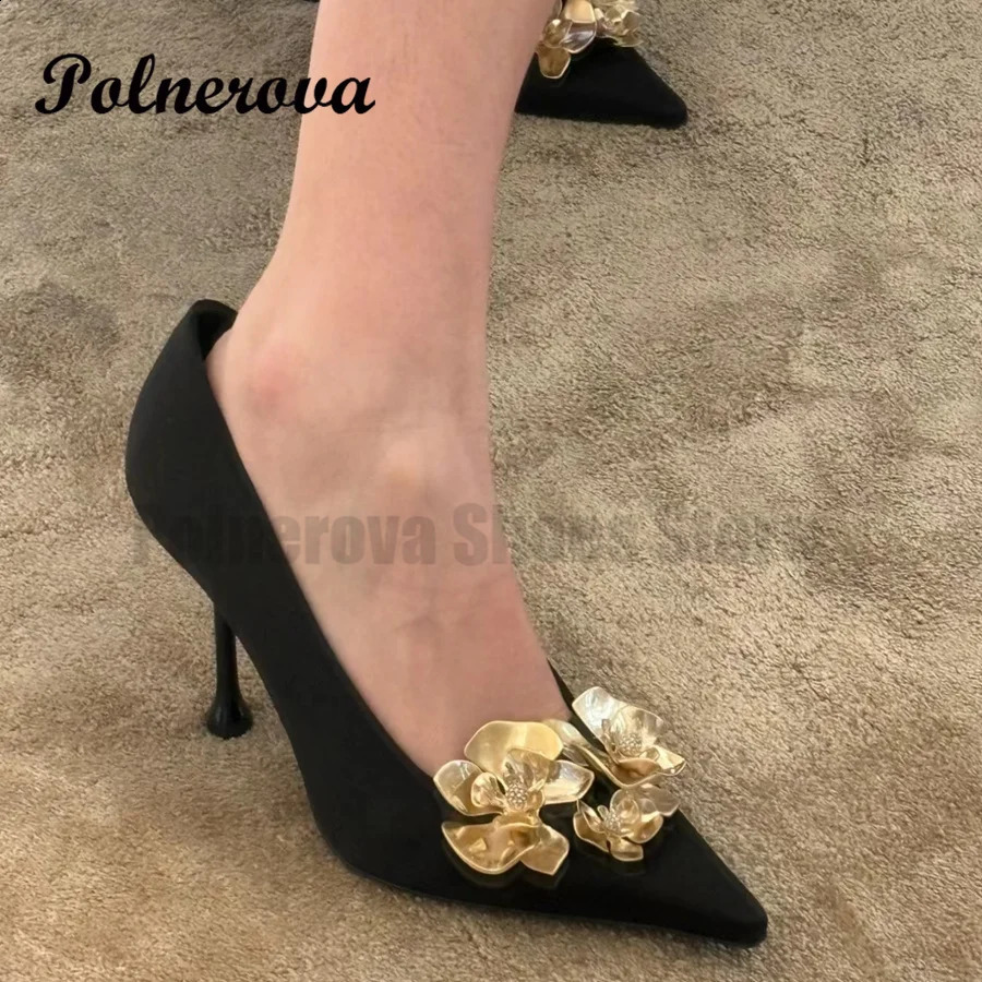 Black satin dot high heels womens fashion autumn gold orchid button shallow mouth single shoes sexy runway high heels 240919