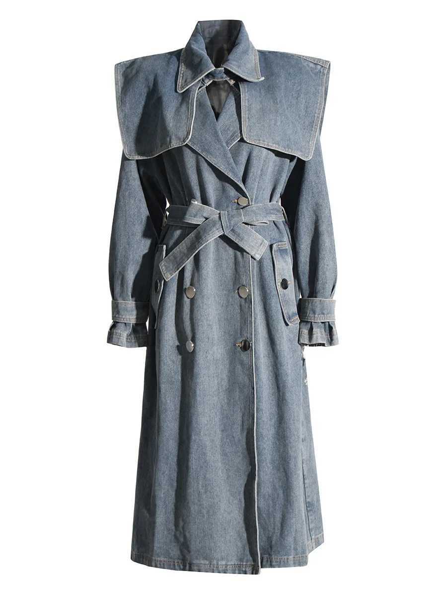 womens vintage lace up lapel long denim trench coat double breasted waisted slim mid length denim jacketX240921