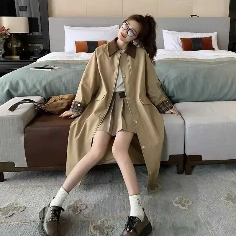 Womens Fashion Vintage Loose Khaki Long Trench Coats British Style Spring Autumn High Street Single-breasted Jacket WindbreakerX240921