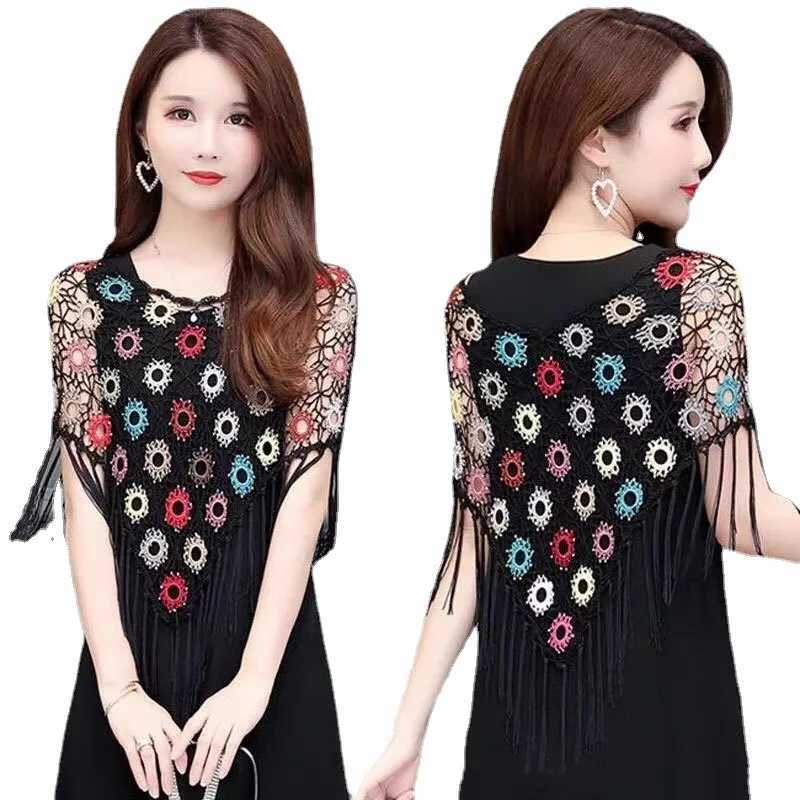 Thin crochet knitted Cape Town womens fashionable ethnic style jacket womens clothing tassel shawl raincoat womens summer bag jacket W240921