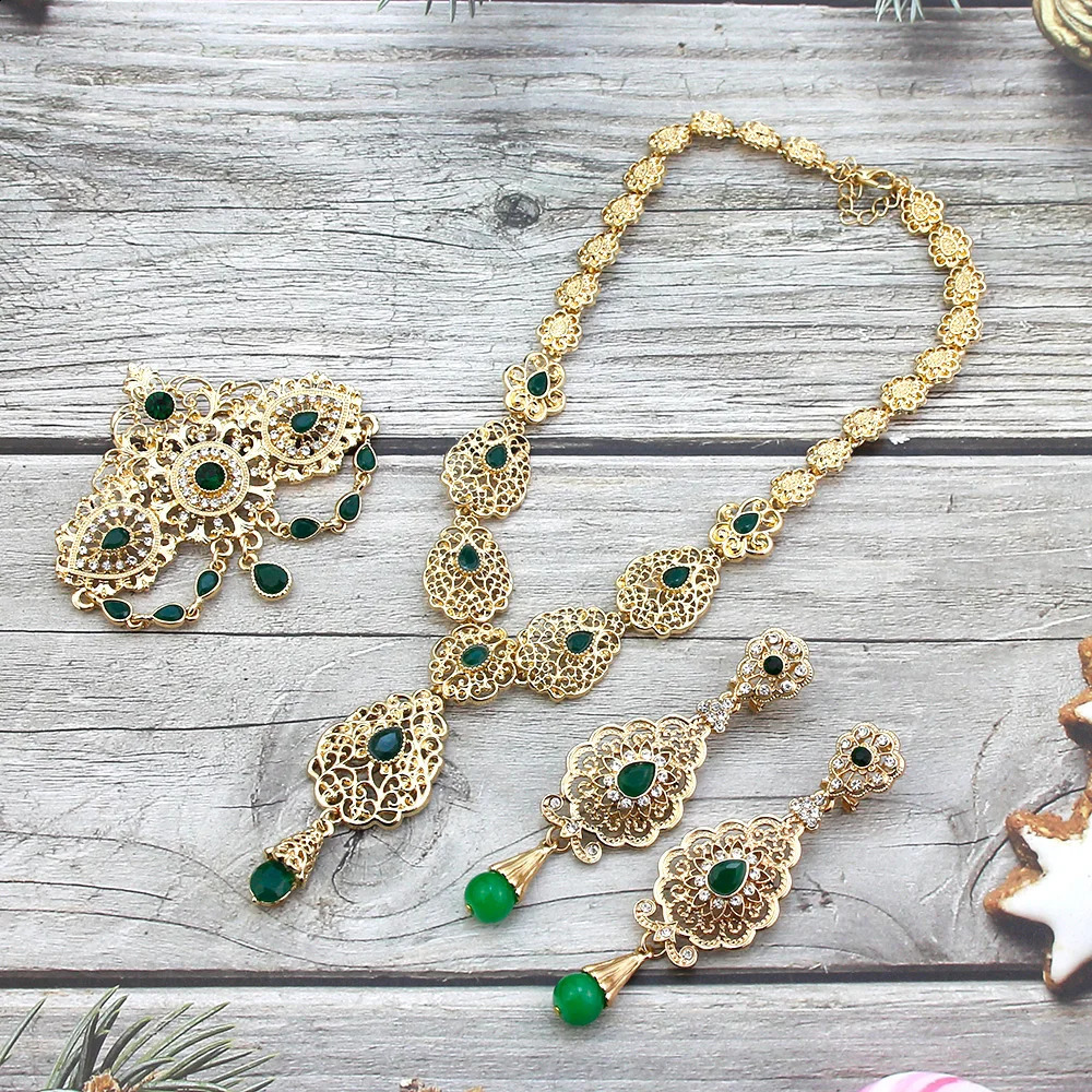 Sunspicems Gold Color Moroccan Bride Jewelry Sets for Women Caftan Brooch Earring Necklace Set Algeria Flower Pendant Necklace 240911
