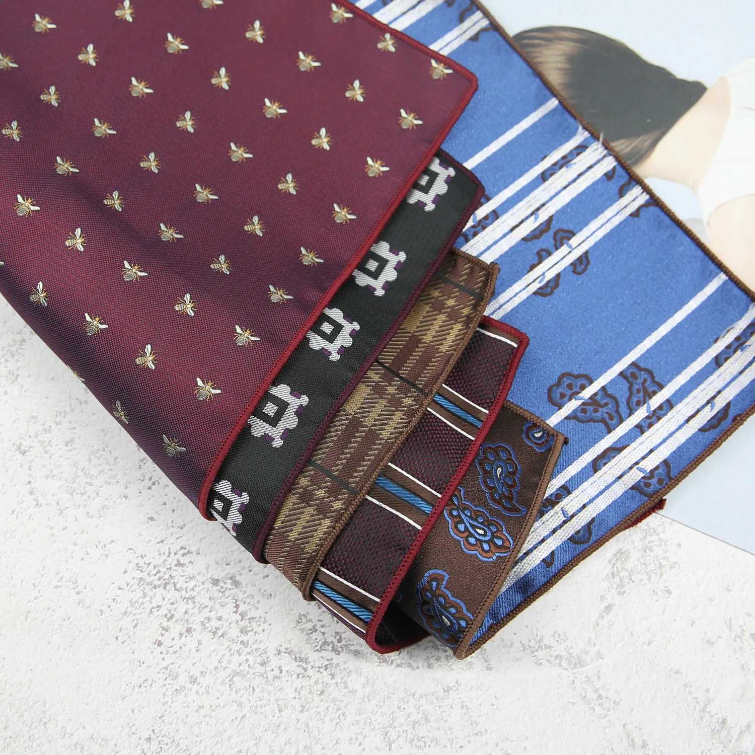 23CM Mens Paisley Striped Pocket Square Towel Polyester Jacquard Formal Flower Handkerchief Shirt Accessories Navy Red HankyX240921